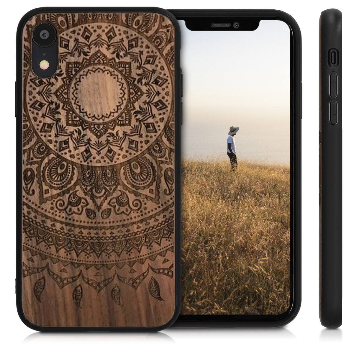 Wooden Hard Case with TPU Bumper for Apple iPhone XR Compass Vintage