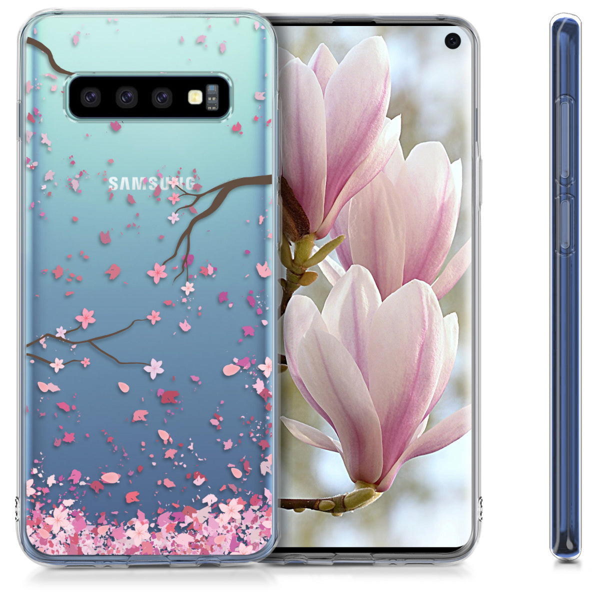 kwmobile Case Compatible with Samsung Galaxy S10 - Silicone Cover Transparent Cherry Blossom Petals