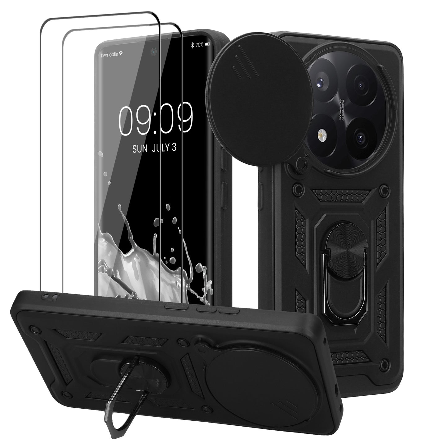 kwmobile Case for Xiaomi Redmi Note 14 Pro+ 5G / Redmi Note 14 Pro Plus 5G - Phone Cover with 2 Screen Protectors - Camera Cover and Ring Holder - Robust Cover