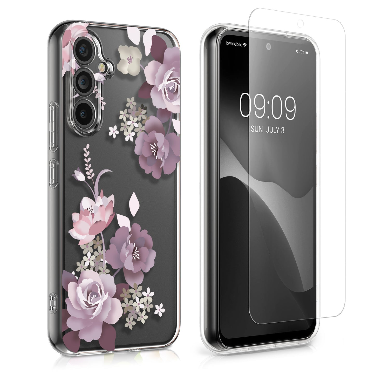 kwmobile Case Compatible with Samsung Galaxy A54 5G Phone Case with Glass Screen Protector Floral Blossoms and Roses Transparent