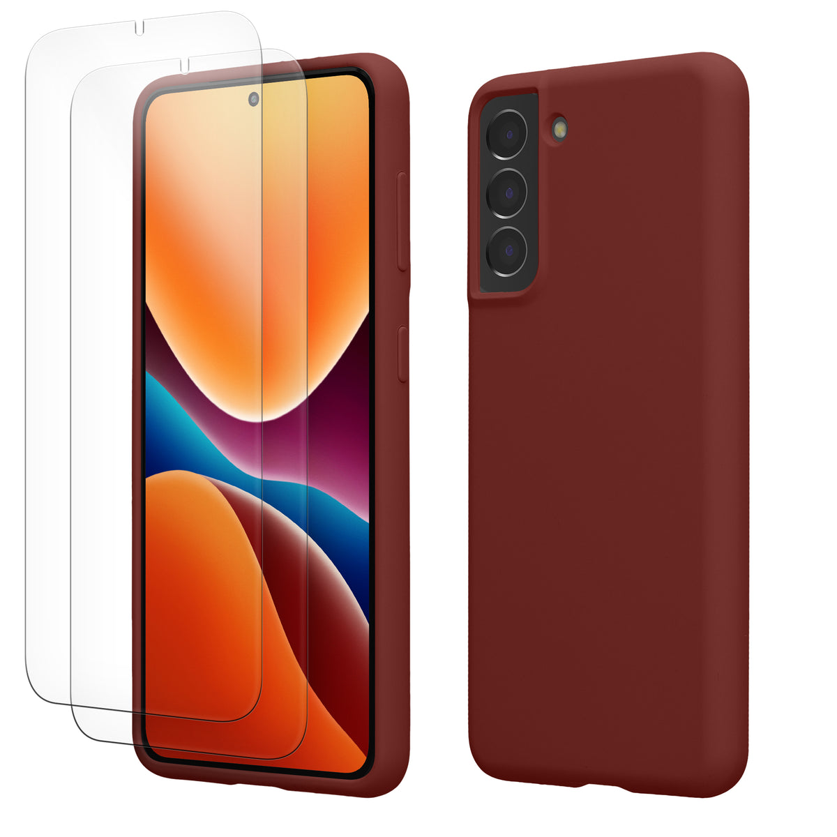 kwmobile Handyhülle mit 2x Displayschutzfolien kompatibel mit Samsung Galaxy S21 Hülle - Screen Protector aus gehärtetem Glas - kabelloses Laden - Bordeaux Violett Bordeaux Violett