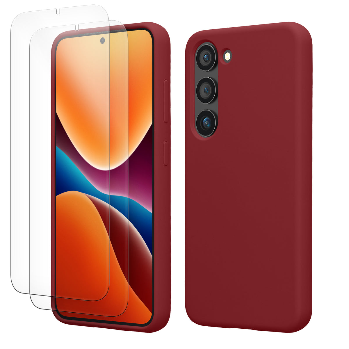 kwmobile Handyhülle mit 2x Displayschutzfolien kompatibel mit Samsung Galaxy S23 Hülle - Screen Protector aus gehärtetem Glas - kabelloses Laden - Bordeaux Violett Bordeaux Violett