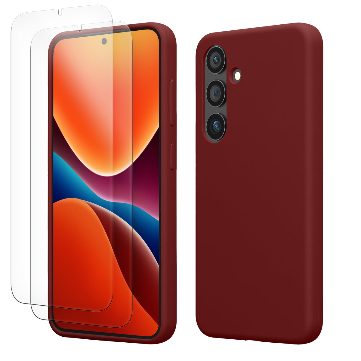 kwmobile Handyhülle mit 2x Displayschutzfolien kompatibel mit Samsung Galaxy S24 Hülle - Screen Protector aus gehärtetem Glas - kabelloses Laden - Bordeaux Violett Bordeaux Violett