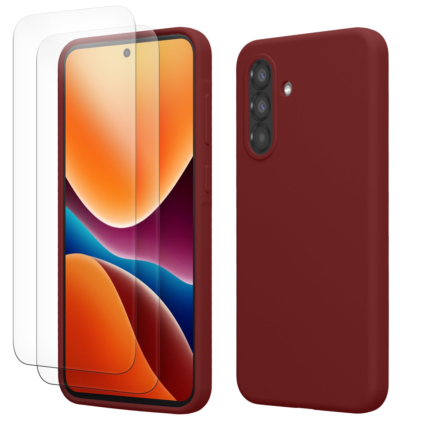 kwmobile Handyhülle mit 2x Displayschutzfolien kompatibel mit Samsung Galaxy A56 5G Hülle - Screen Protector aus gehärtetem Glas - kabelloses Laden - Bordeaux Violett Bordeaux Violett