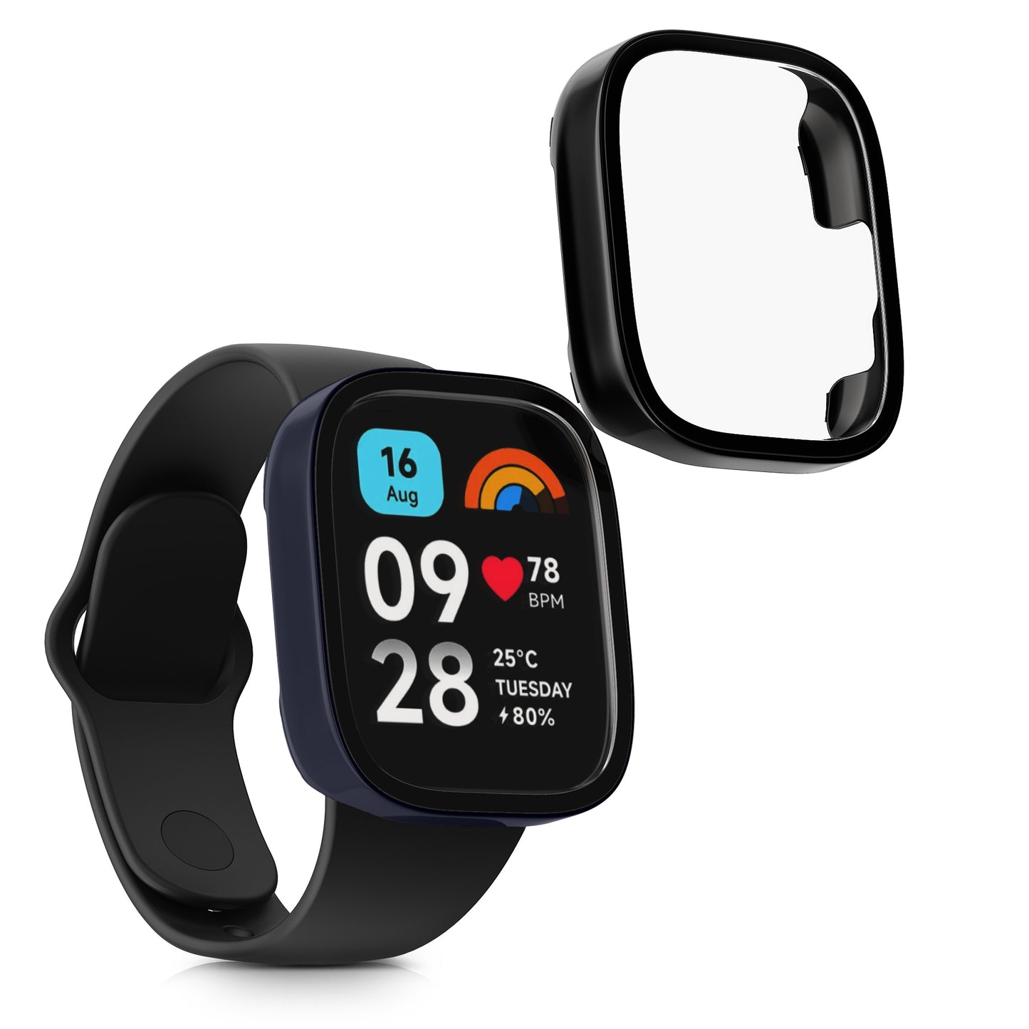 kwmobile Glas Hülle für Xiaomi Redmi Watch 3 Active / Redmi Watch 3 Lite Schutzhülle - Fullbody Fitnesstracker Case Set aus Glas