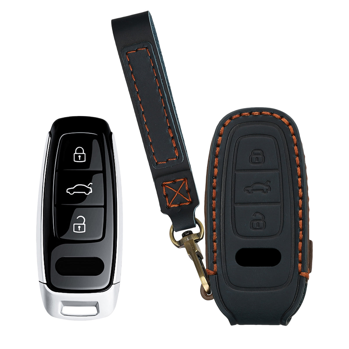Audi A6 A7 A8 Q7 Q8 3-Tasten Autoschlüssel Keyless Echtleder Schlüsselhülle mit Stickerei mit Schlüsselring KWM000041MA002C