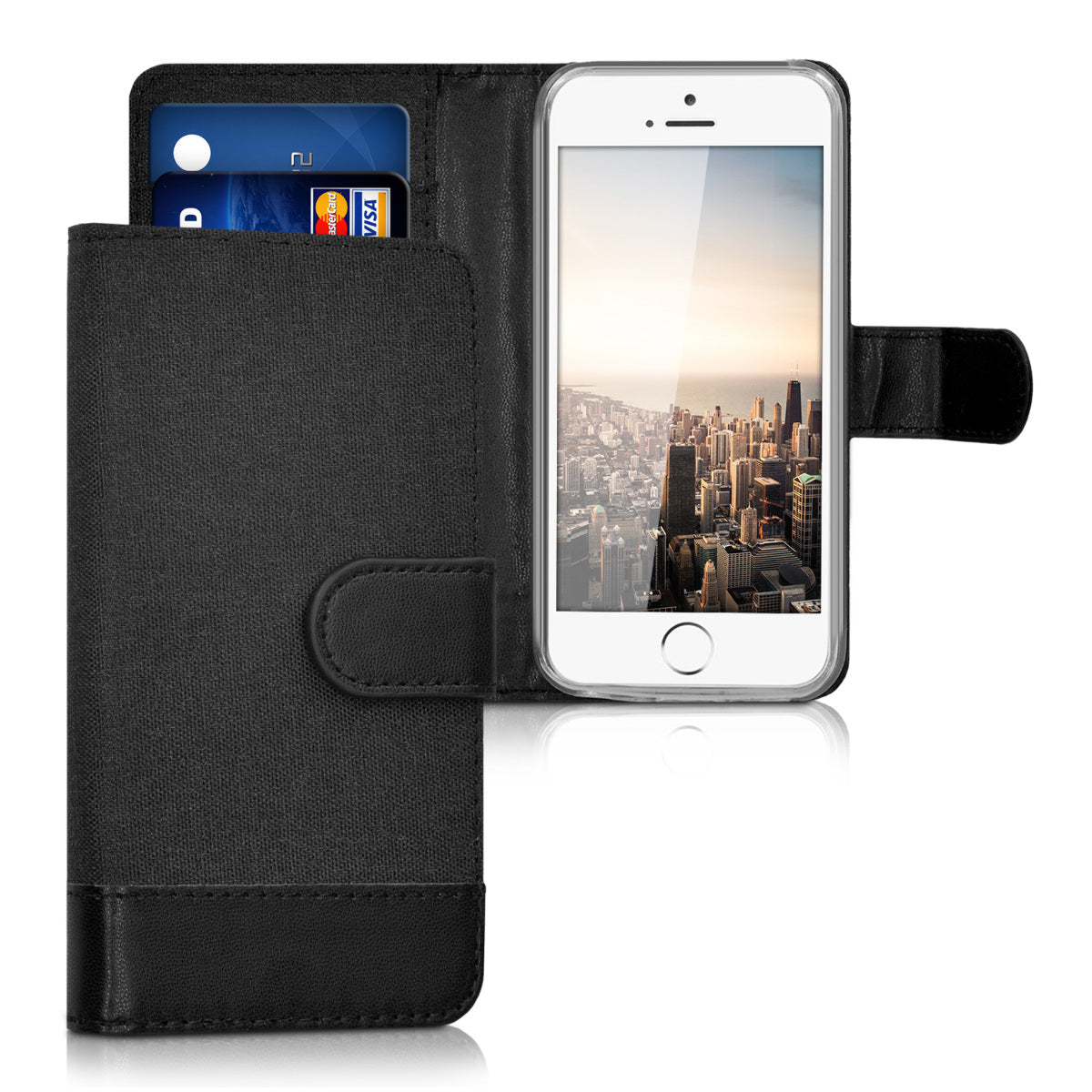 kwmobile Wallet Case compatible with Apple iPhone SE (1st Gen 2016) / iPhone 5 / iPhone 5S - Stand Case - Phone Cover Card Slots Black