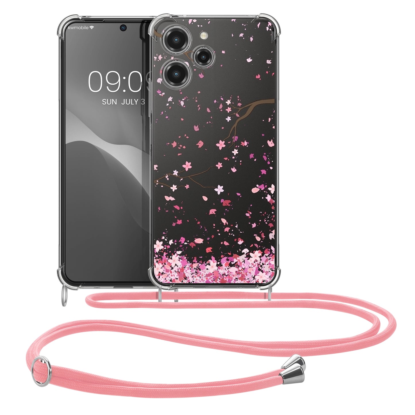 kwmobile Necklace Case compatible with Xiaomi Redmi 12 Silicone Cover with Phone Chain Cherry Blossom Leaves