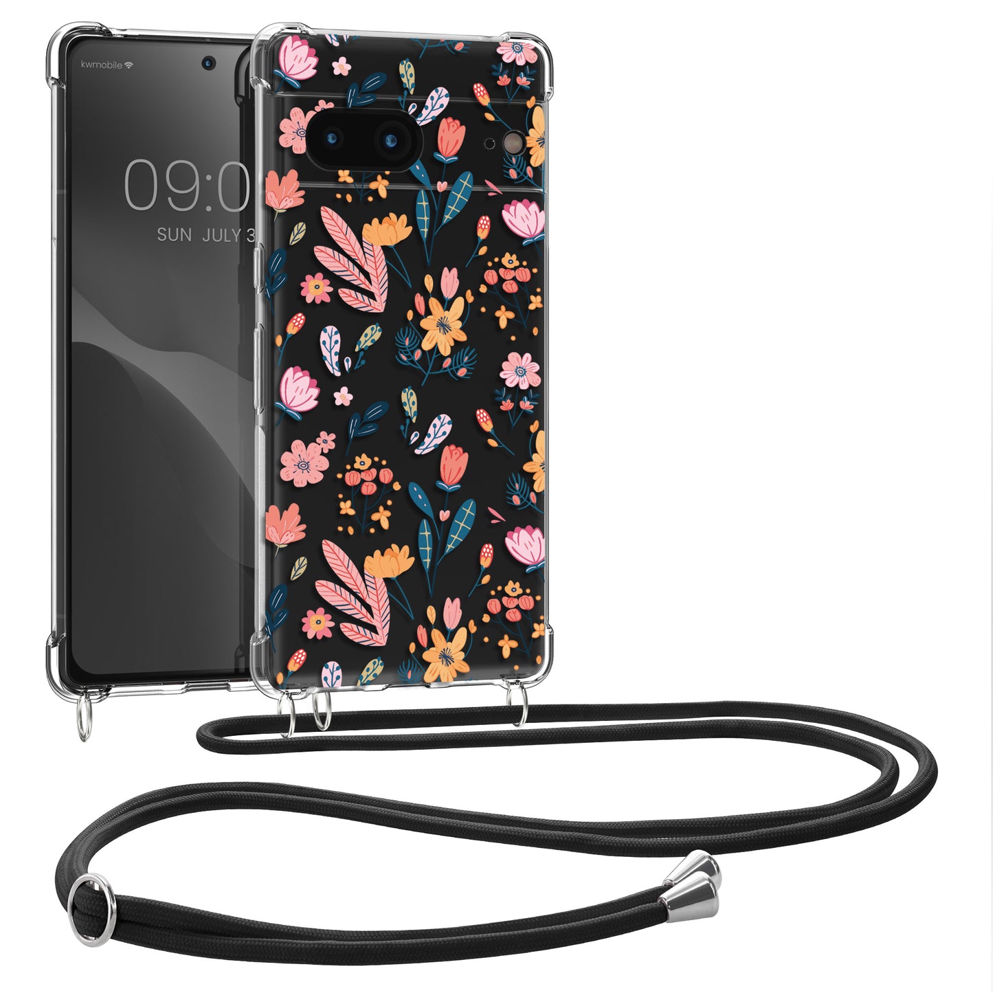 kwmobile Necklace Case Compatible with Google Pixel 7 Silicone Cover with Phone Chain Cherry Blossom Leaves