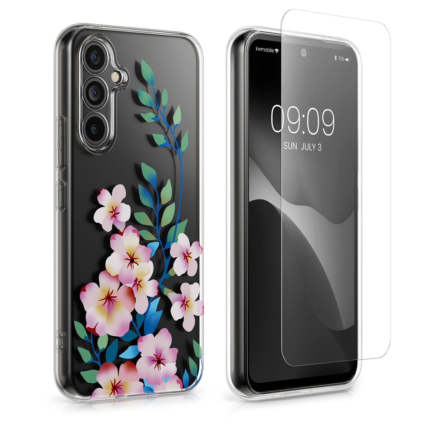 kwmobile Case Compatible with Samsung Galaxy A54 5G Phone Case with Glass Screen Protector Floral Blossoms and Roses Transparent