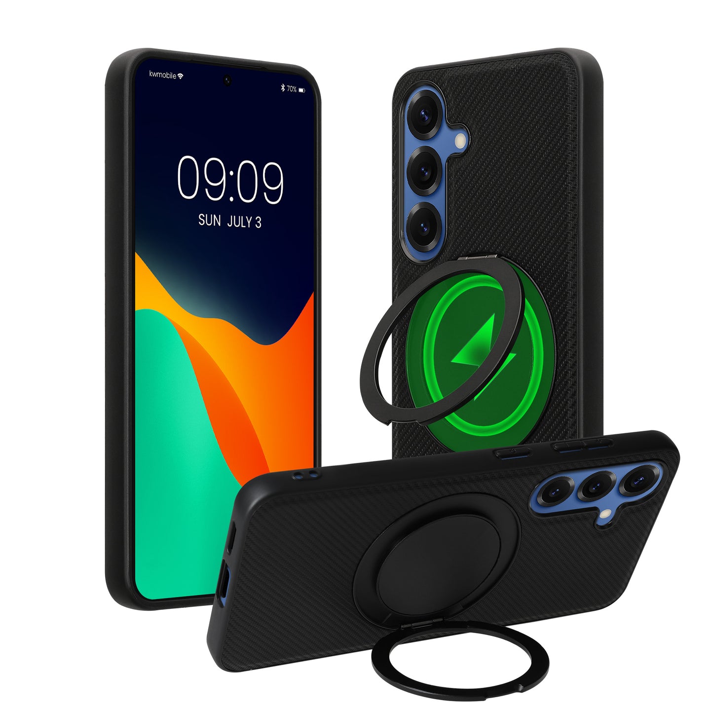 kwmobile Case for Samsung Galaxy S25 Cell Phone Case - Case Compatible with MagSafe - Cover with Ring Stand - Carbon Look