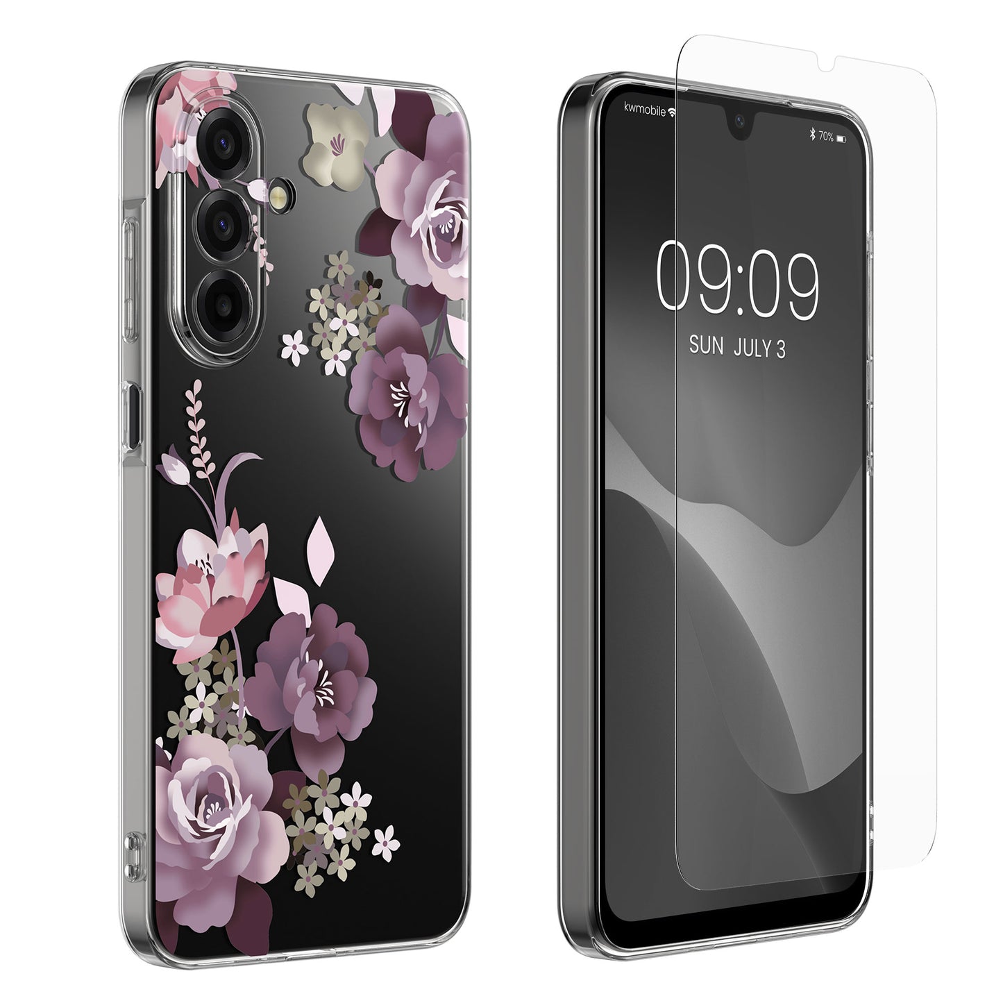 kwmobile Case Compatible with Samsung Galaxy A17 4G / 5G - Silicone Case Transparent - with Glass Screen Protector - Floral Blossoms and Roses Transparent