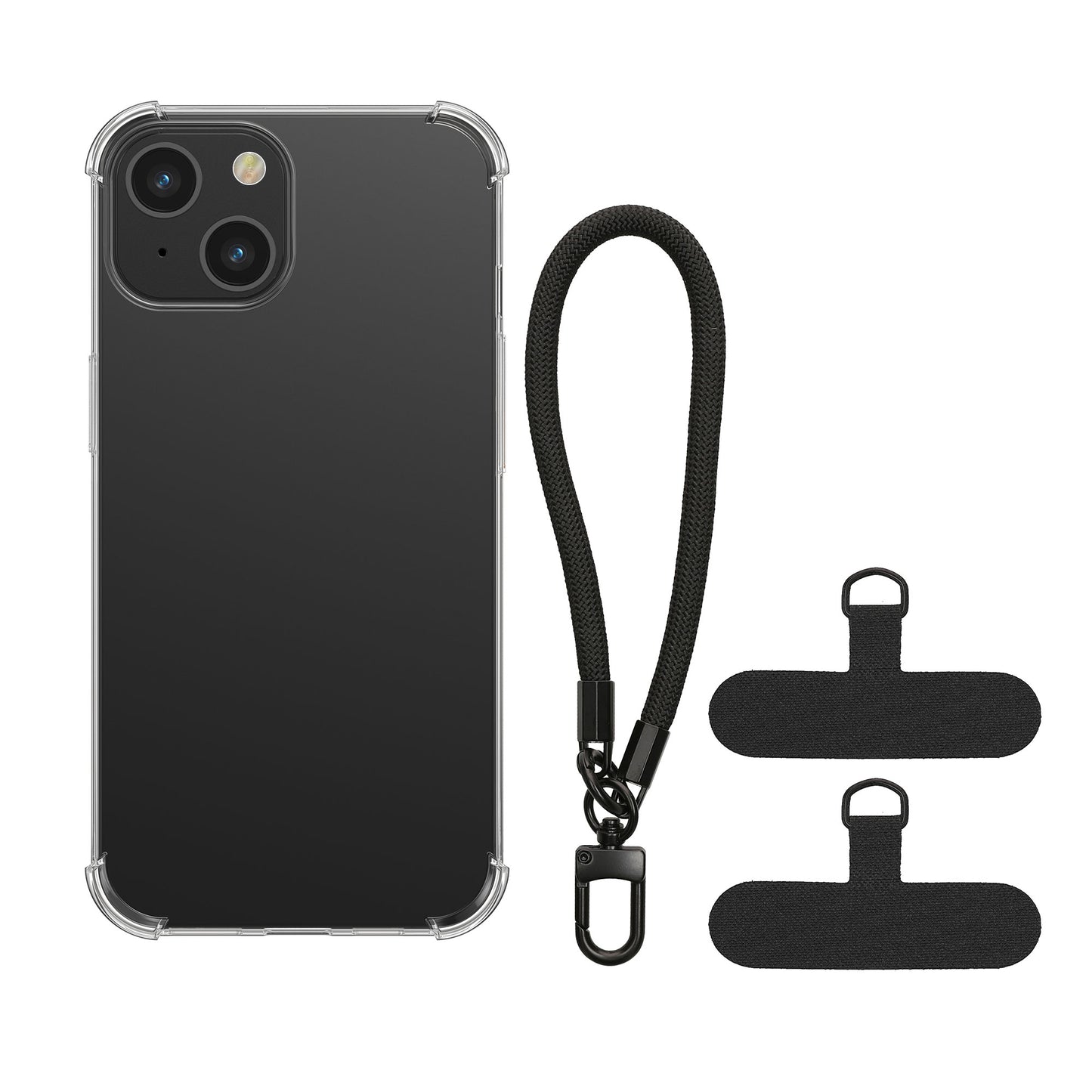 kwmobile Cell Phone TPU Case Compatible with Apple iPhone 15 Case - Crystal Clear Protective Cover with Edge Protection and Detachable Lanyard incl. 2 Pads - Transparent Black