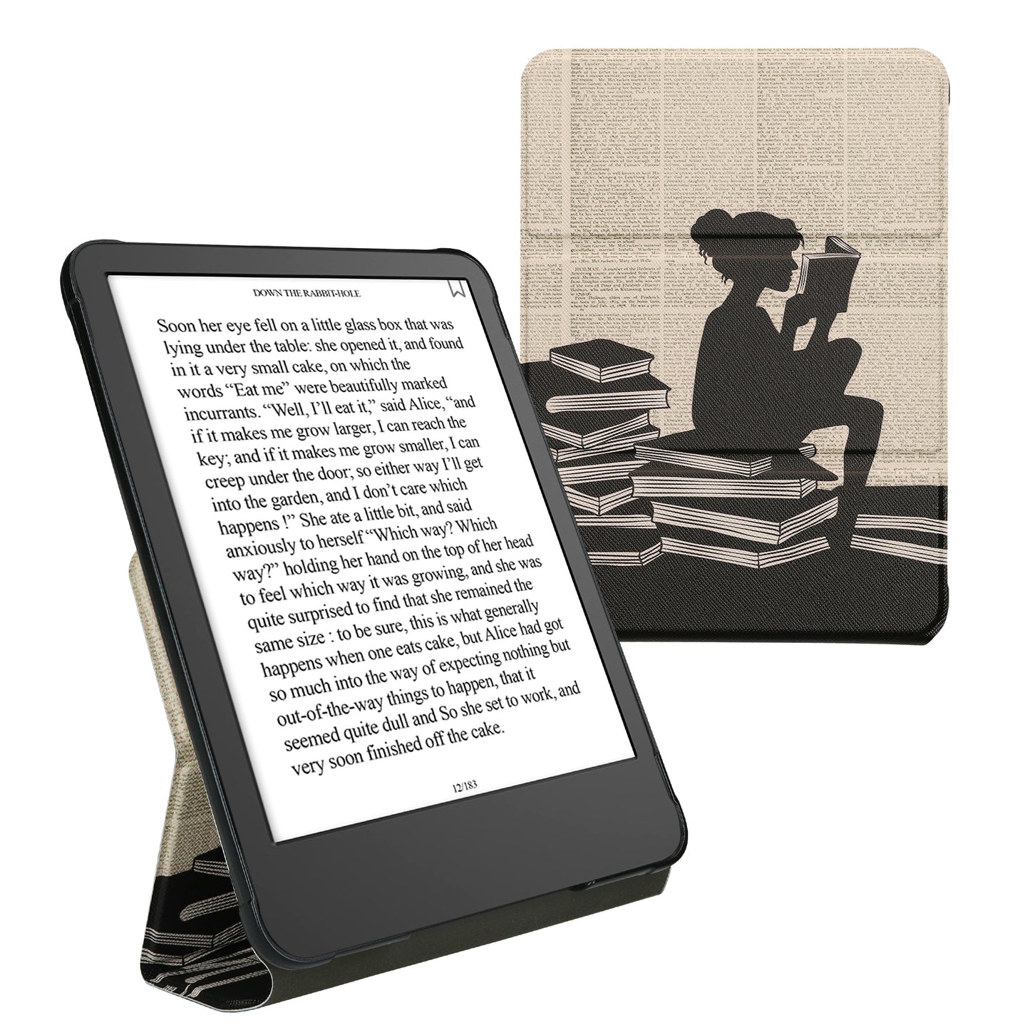 kwmobile Case for Amazon Kindle Paperwhite (2024)/Colorsoft Case - Faux Leather Protective Cover - Cover with Stand Function in Beige Reading Woman