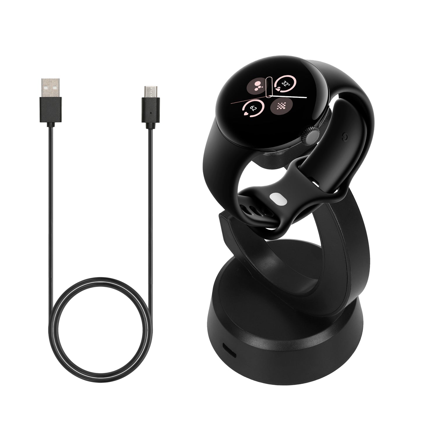kwmobile USB Charger compatible with Google Pixel Watch 3 / Pixel Watch 2 / Fitbit Versa 4 3 2 / Ace LTE - USB Cable Charger Stand - Smart Watch Charging Station - Charging Cable with Stand Function