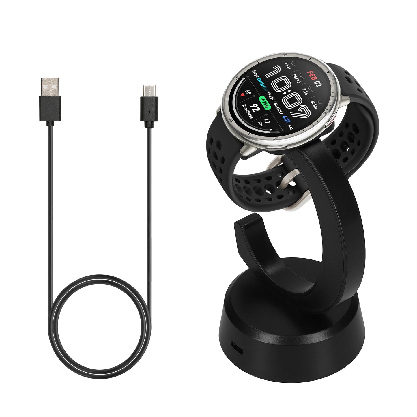 kwmobile USB Charger compatible with Amazfit Bip 6 / Amazfit Active 2 (A2437) / Active 2 Square (A2434) - USB Cable Charger Stand - Smart Watch Charging Station - Charging Cable with Stand Function