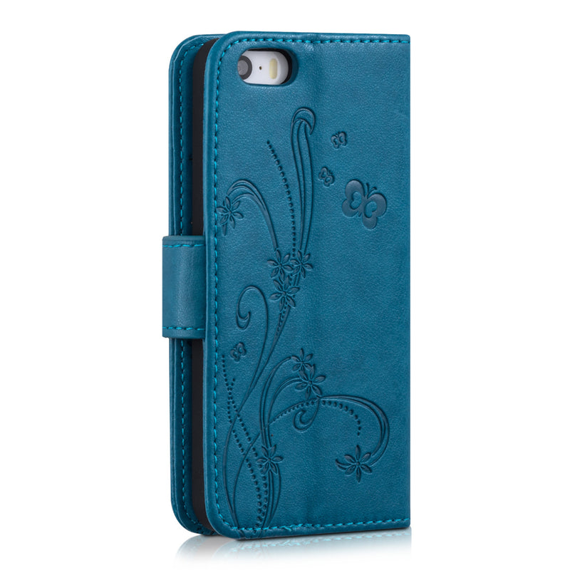 kwmobile Wallet Case Compatible with Apple iPhone SE (1st Gen 2016) / iPhone 5 / iPhone 5S Case - Cover with Stand and Card Slots - Vines Butterfly