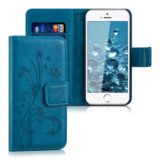 kwmobile Wallet Case Compatible with Apple iPhone SE (1st Gen 2016) / iPhone 5 / iPhone 5S Case - Cover with Stand and Card Slots - Vines Butterfly