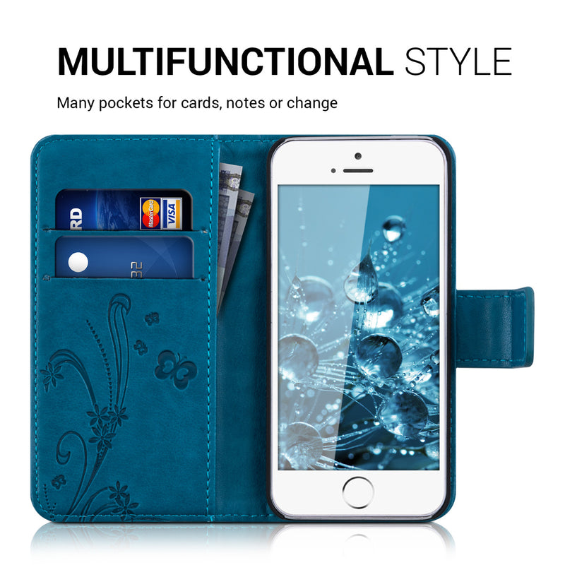 kwmobile Wallet Case Compatible with Apple iPhone SE (1st Gen 2016) / iPhone 5 / iPhone 5S Case - Cover with Stand and Card Slots - Vines Butterfly