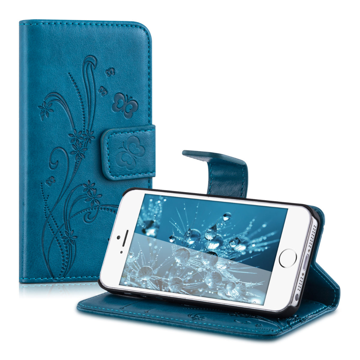 kwmobile Wallet Case Compatible with Apple iPhone SE (1st Gen 2016) / iPhone 5 / iPhone 5S Case - Cover with Stand and Card Slots - Vines Butterfly