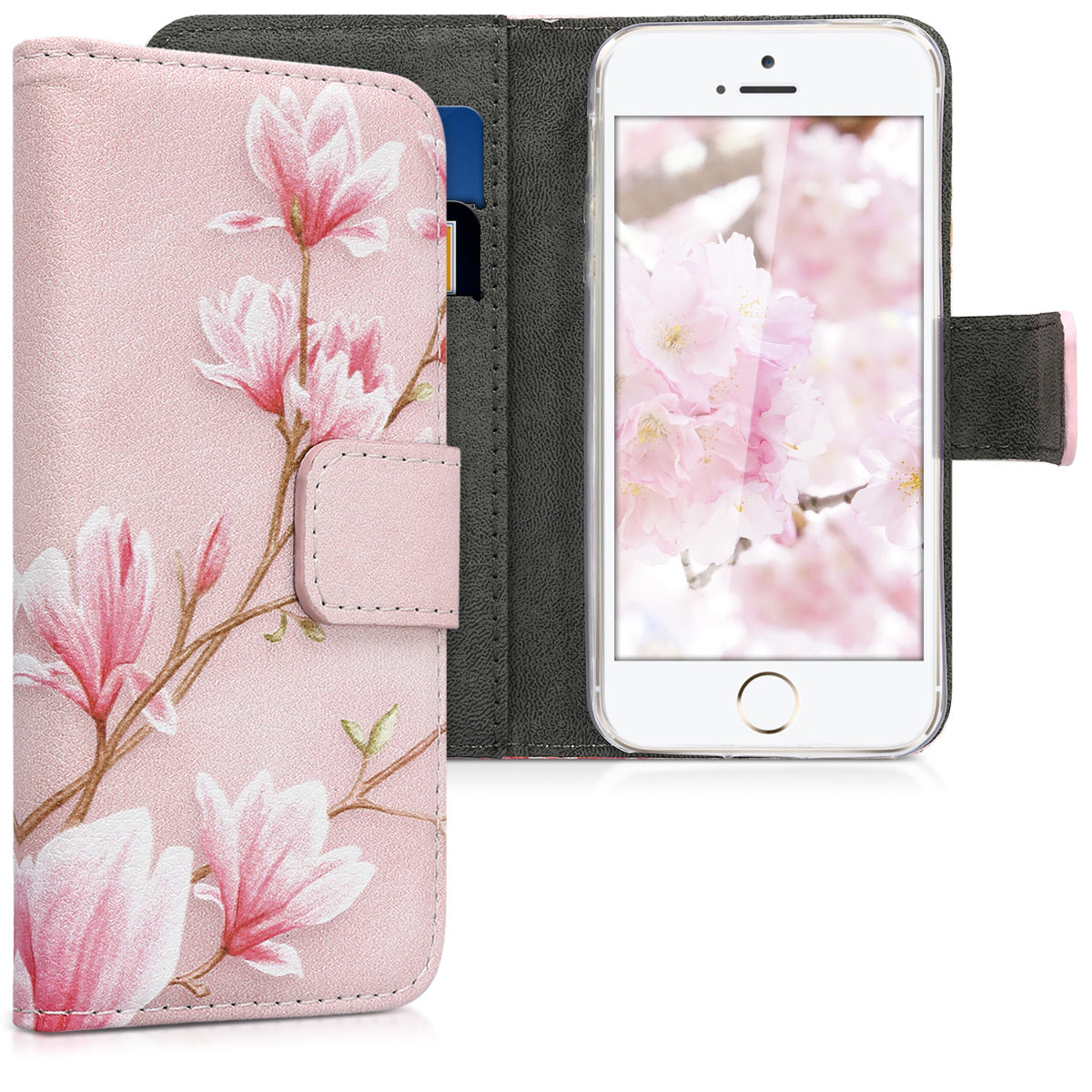 kwmobile Wallet Case Compatible with Apple iPhone SE (1st Gen 2016) / iPhone 5 / iPhone 5S Case - Cover with Stand and Card Slots - Vines Butterfly