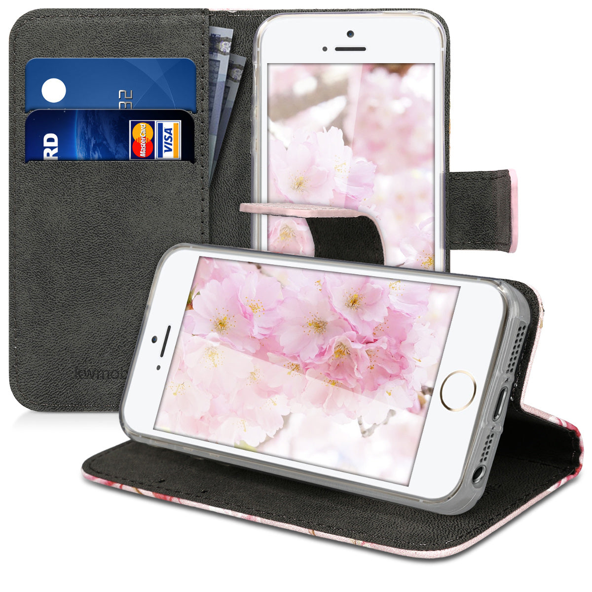 kwmobile Wallet Case Compatible with Apple iPhone SE (1st Gen 2016) / iPhone 5 / iPhone 5S Case - Cover with Stand and Card Slots - Vines Butterfly