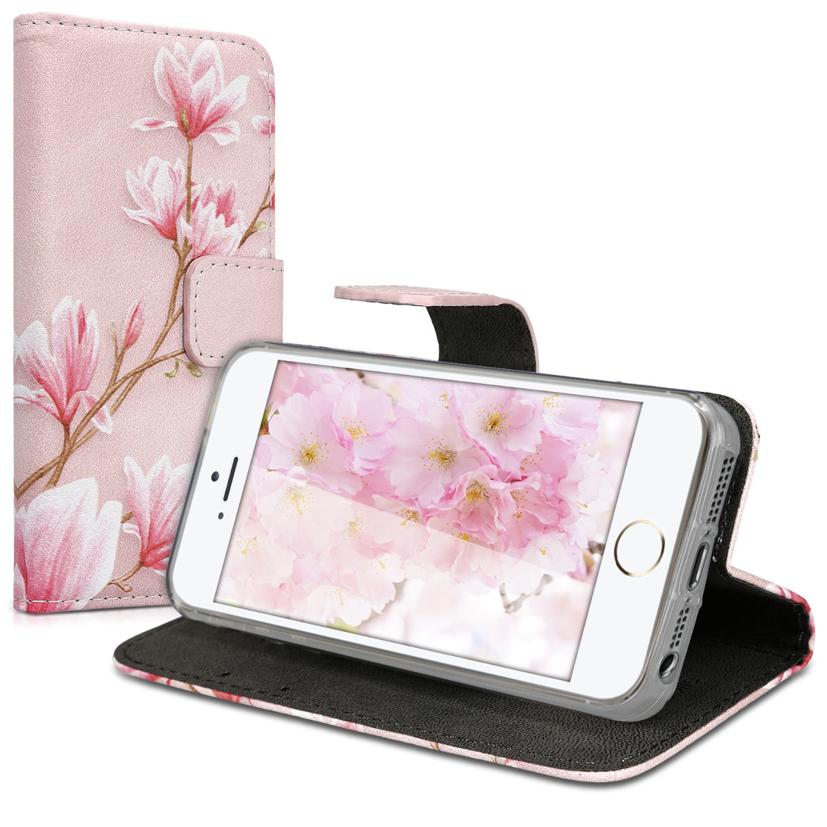 kwmobile Wallet Case Compatible with Apple iPhone SE (1st Gen 2016) / iPhone 5 / iPhone 5S Case - Cover with Stand and Card Slots - Vines Butterfly