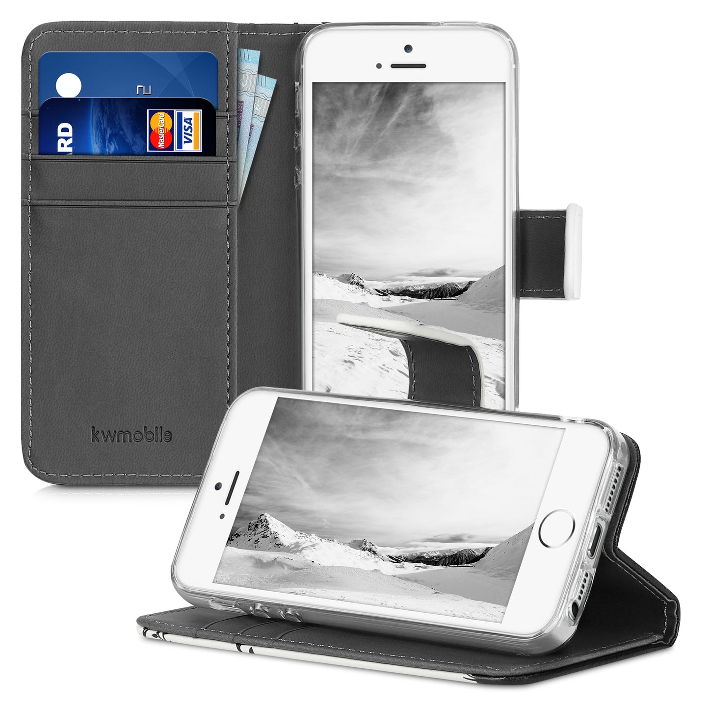 kwmobile Wallet Case Compatible with Apple iPhone SE (1st Gen 2016) / iPhone 5 / iPhone 5S Case - Cover with Stand and Card Slots - Vines Butterfly