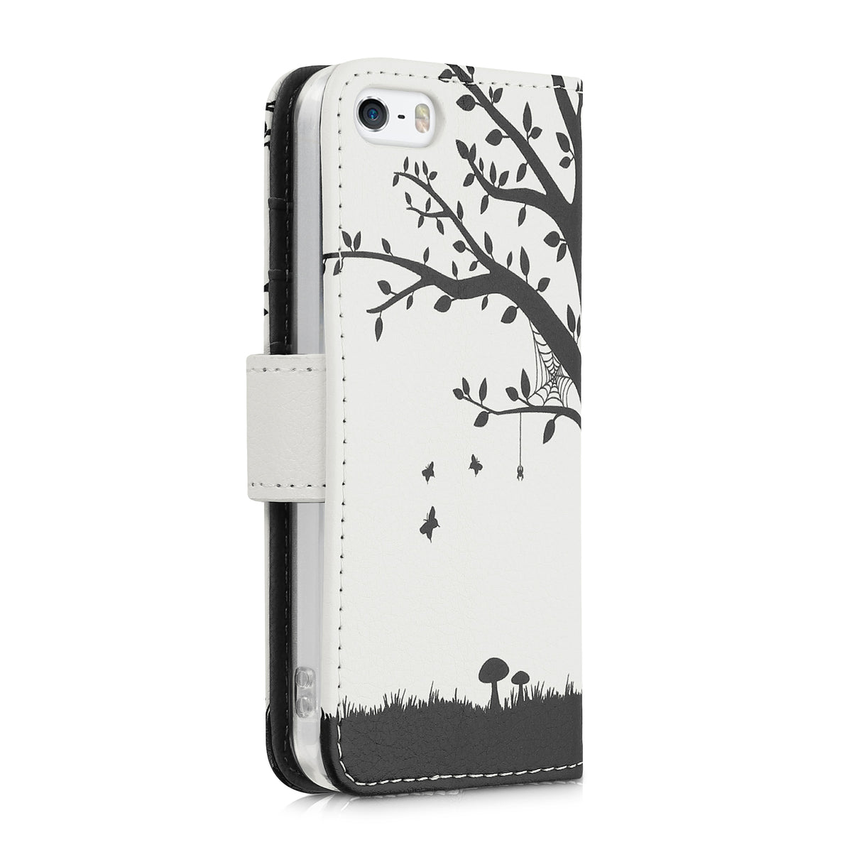 kwmobile Wallet Case Compatible with Apple iPhone SE (1st Gen 2016) / iPhone 5 / iPhone 5S Case - Cover with Stand and Card Slots - Vines Butterfly