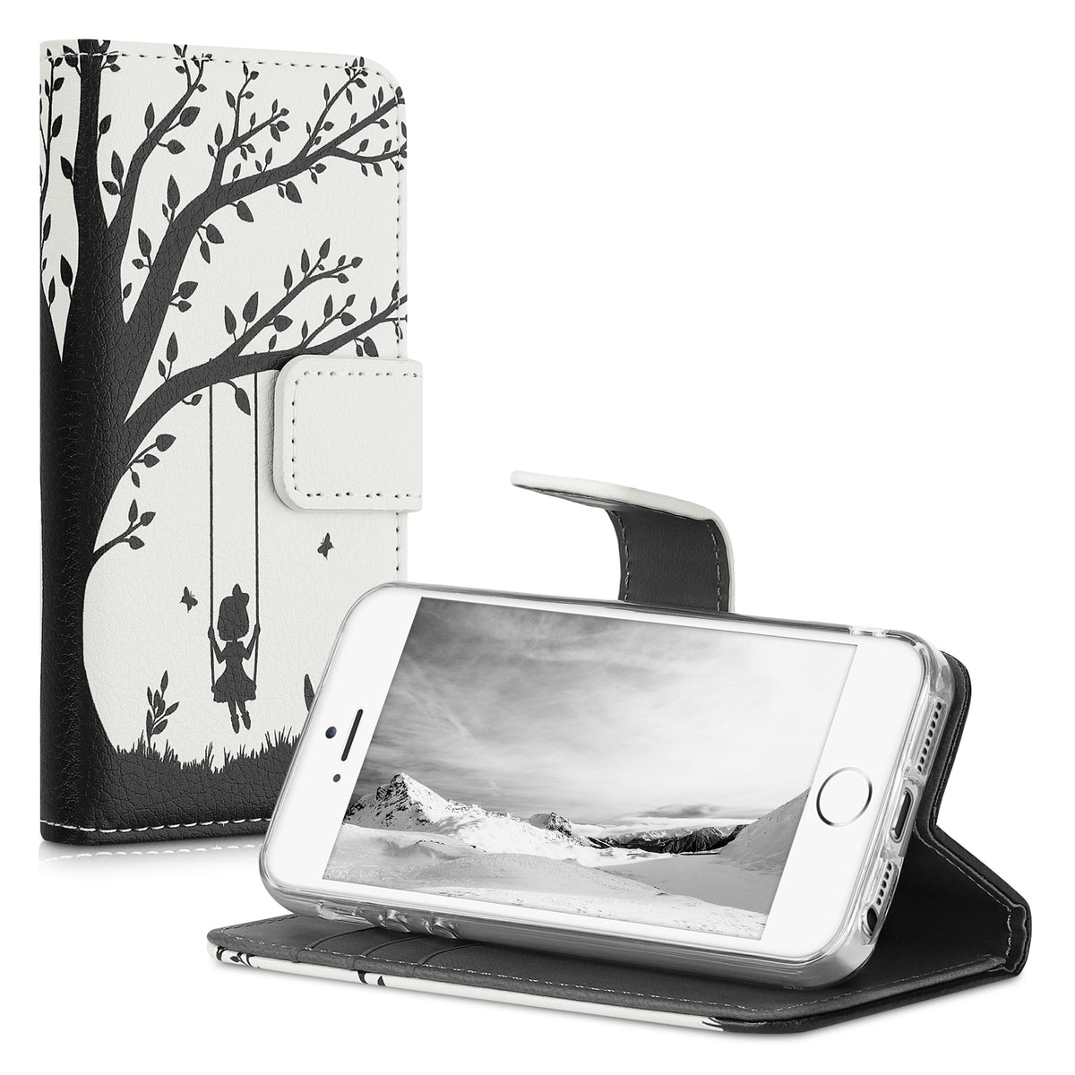 kwmobile Wallet Case Compatible with Apple iPhone SE (1st Gen 2016) / iPhone 5 / iPhone 5S Case - Cover with Stand and Card Slots - Vines Butterfly