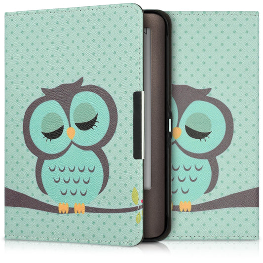 kwmobile Schutzhülle für Tolino Shine (2013) Hülle - eReader Flip Case mit Auto Sleep Funktion - Eule Schlaf mit Türkis Braun Mintgrün Türkis  [dsg25]