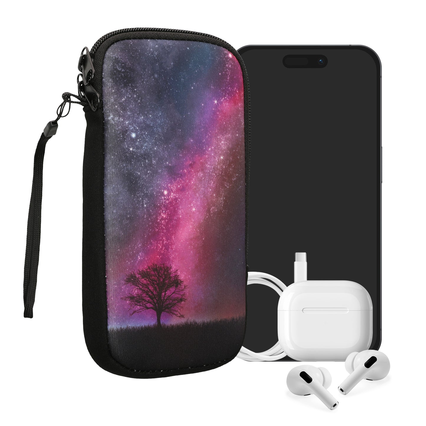 kwmobile Handytasche für Smartphones XXL - 7" - Neopren Handy Tasche Hülle Cover Case Schutzhülle - Galaxie Baum Wiese Pink Dunkelblau Schwarz - 17,7 x 8,5 cm Innenmaße Pink XXL [dsg82]
