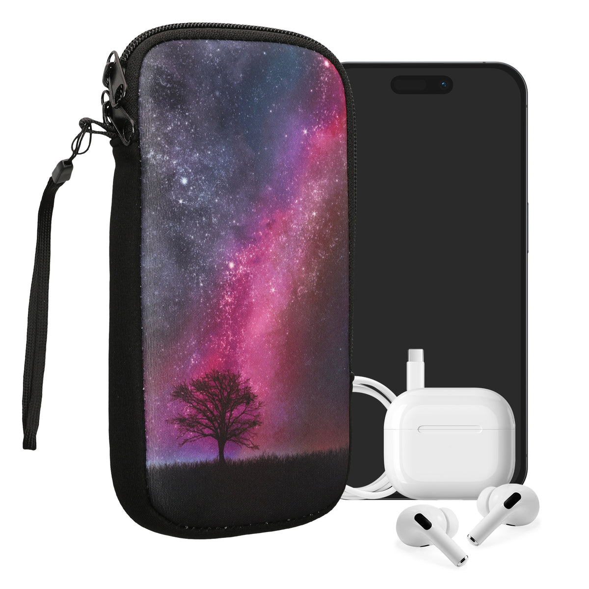 kwmobile Handytasche für Smartphones XL - 6,7/6,8" - Neopren Handy Tasche Hülle Cover Case Schutzhülle - Galaxie Baum Wiese Pink Dunkelblau Schwarz - 16,7 x 9,5 cm Innenmaße Pink XL [dsg82]