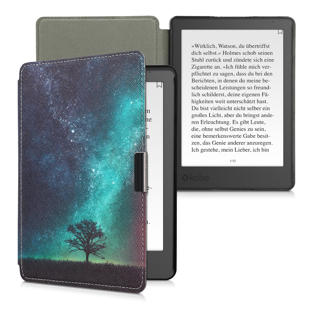 kwmobile Case for Kobo Aura Edition 2 - eReader Flip Cover with Auto Sleep Function - Galaxy Tree Meadow