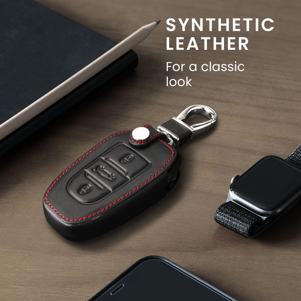 Peugeot Citroen 3-Button Smartkey (Keyless Go only) Faux Leather Car Key Cover Red Stitching