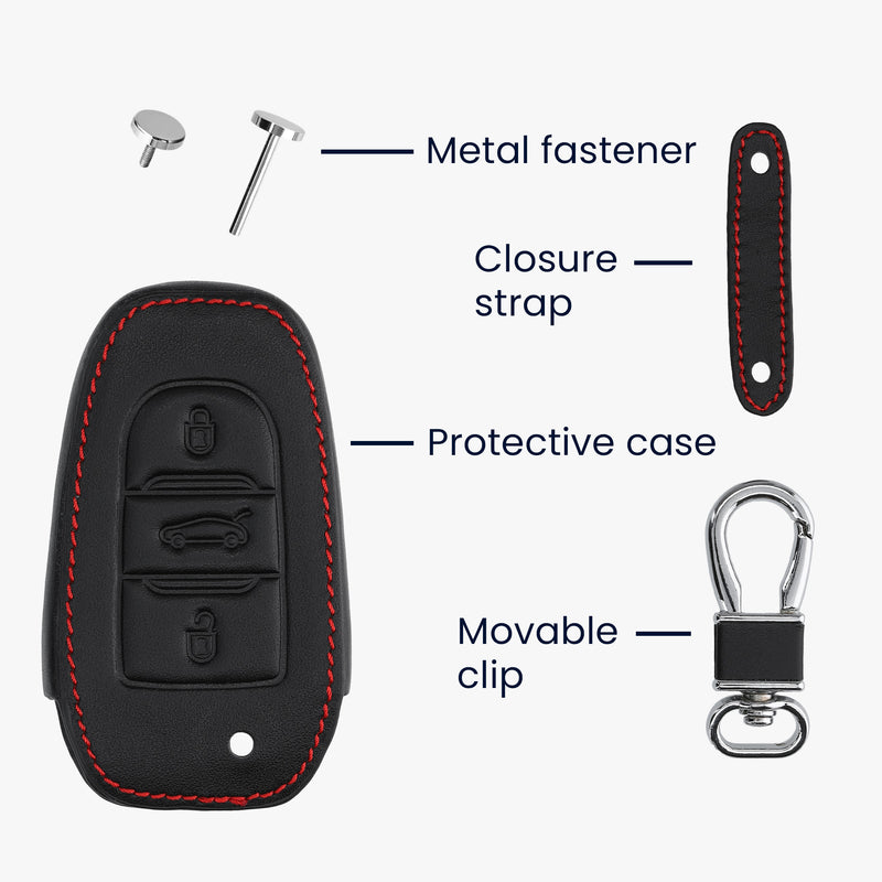 Peugeot Citroen 3-Button Smartkey (Keyless Go only) Faux Leather Car Key Cover Red Stitching