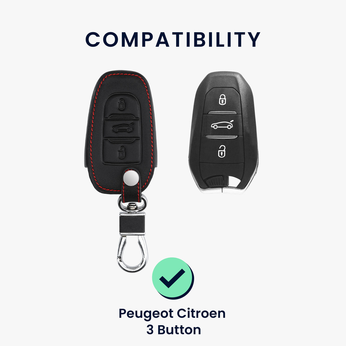 Peugeot Citroen 3-Button Smartkey (Keyless Go only) Faux Leather Car Key Cover Red Stitching