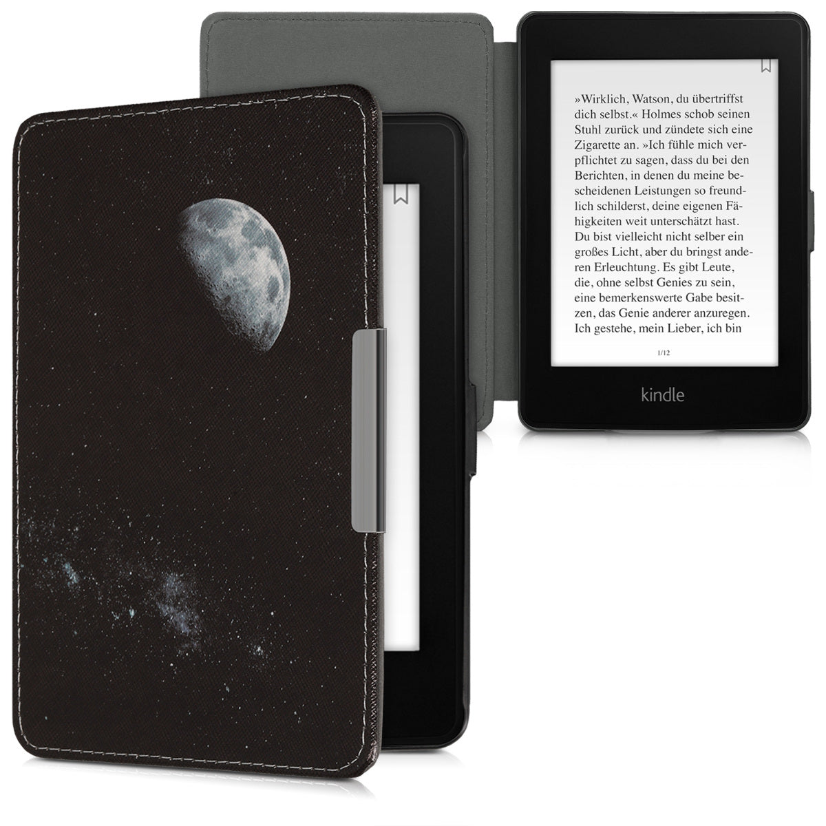 kwmobile Protective Case for Amazon Kindle Paperwhite Case - eReader Flip Case with Auto Sleep Function - Moon Black