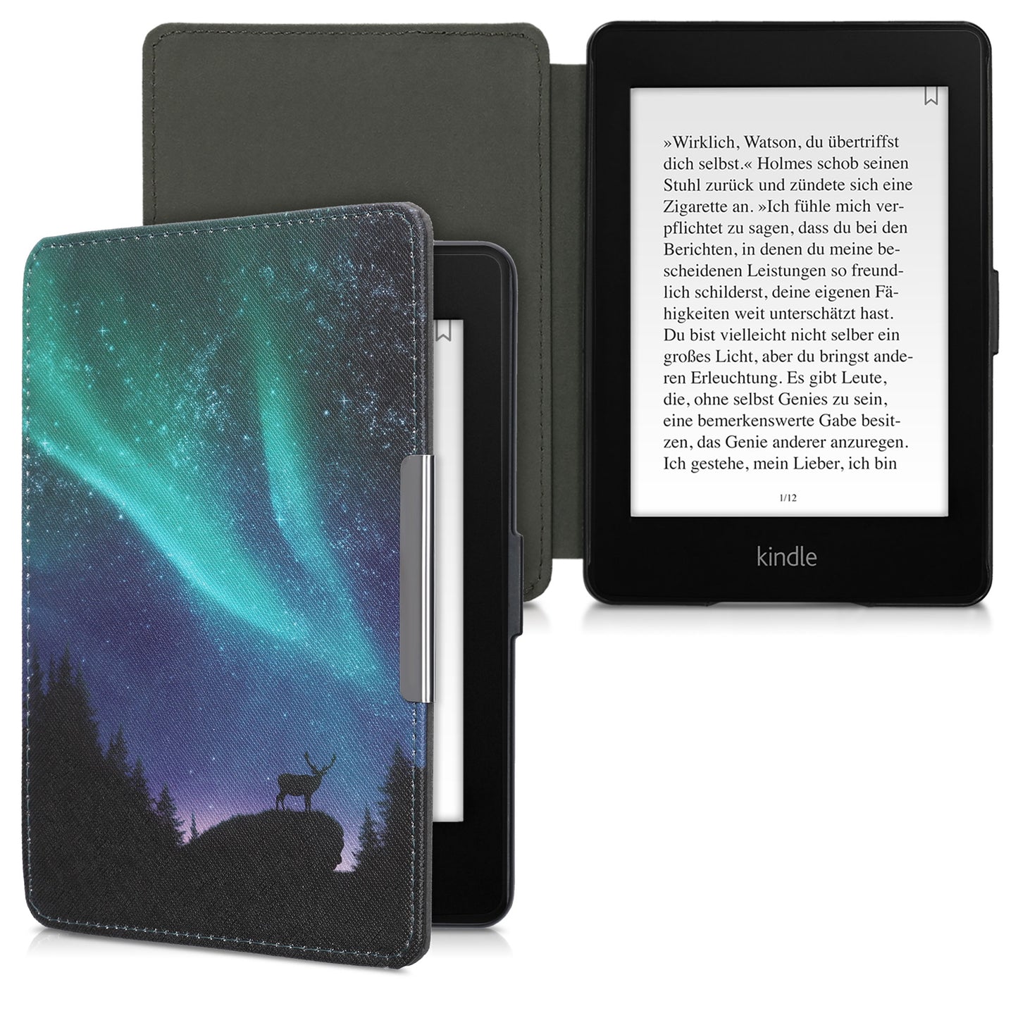 kwmobile Protective Case for Amazon Kindle Paperwhite Case - eReader Flip Case with Auto Sleep Function - Moon Black