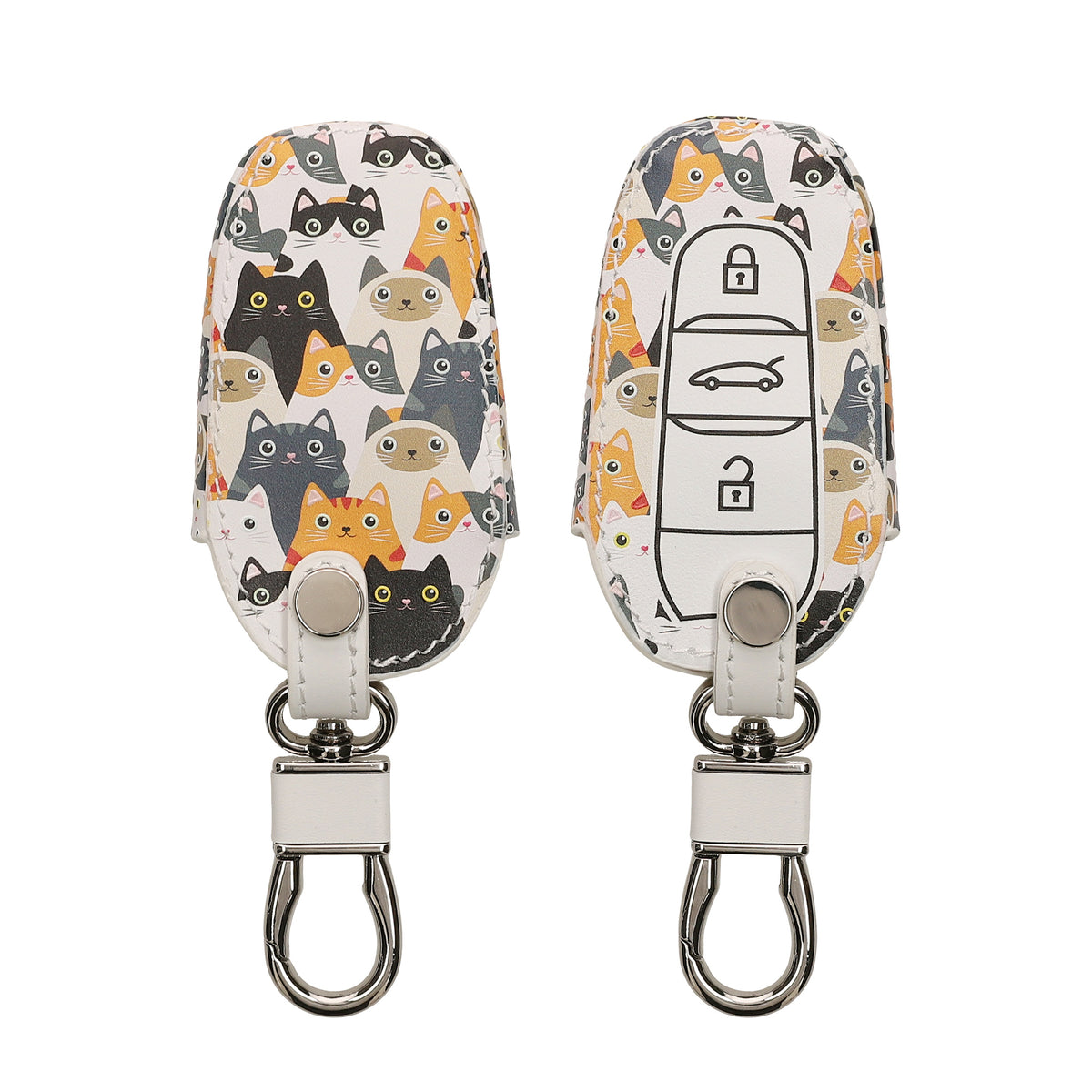 Faux Leather Car Key Cover for Peugeot Citroen 3-Button Smartkey (Keyless Go only) Cat Pattern