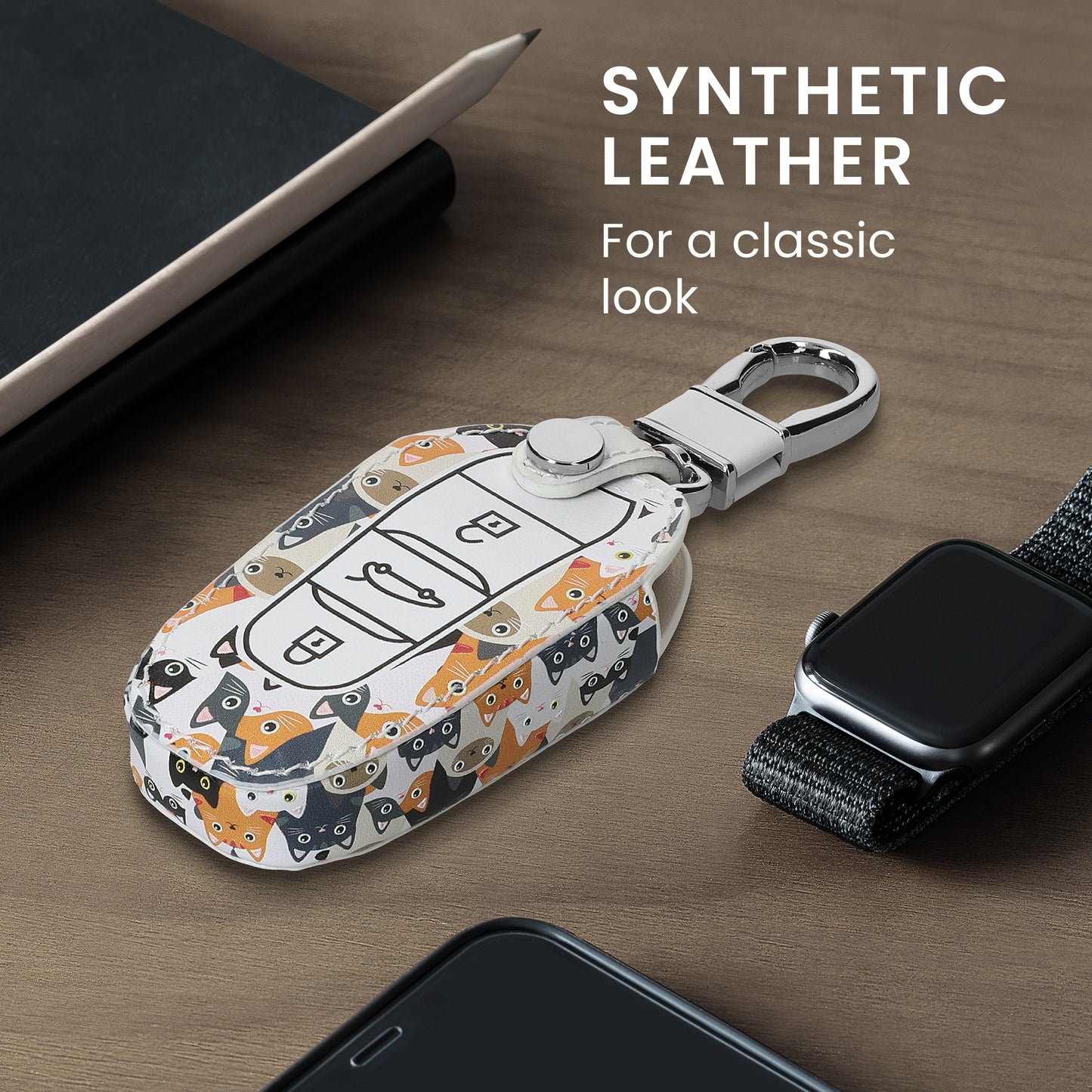 Faux Leather Case for Peugeot Citroen 3-Button Smart Key Car Key (Keyless Go only)