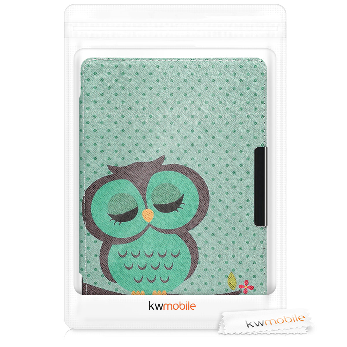 kwmobile Protective Case for Tolino Shine 3 - eReader Flip Case with Auto Sleep Function - Owl Sleep with Brown Mint Green
