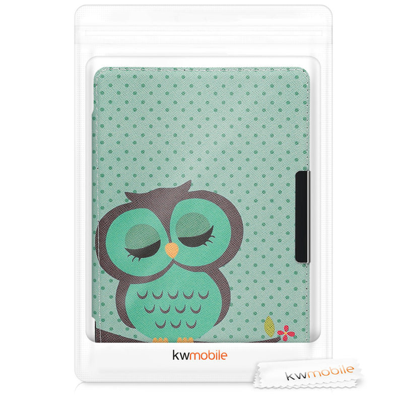 kwmobile Protective Case for Tolino Shine 3 - eReader Flip Case with Auto Sleep Function - Owl Sleep with Brown Mint Green