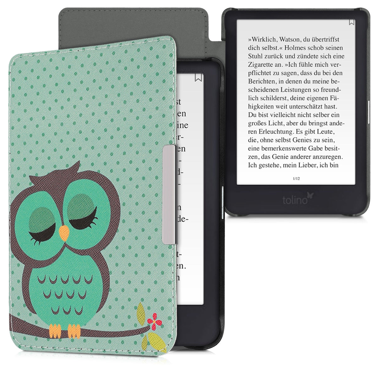 kwmobile Protective Case for Tolino Shine 3 - eReader Flip Case with Auto Sleep Function - Owl Sleep with Brown Mint Green