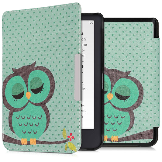 kwmobile Protective Case for Tolino Shine 3 - eReader Flip Case with Auto Sleep Function - Owl Sleep with Brown Mint Green