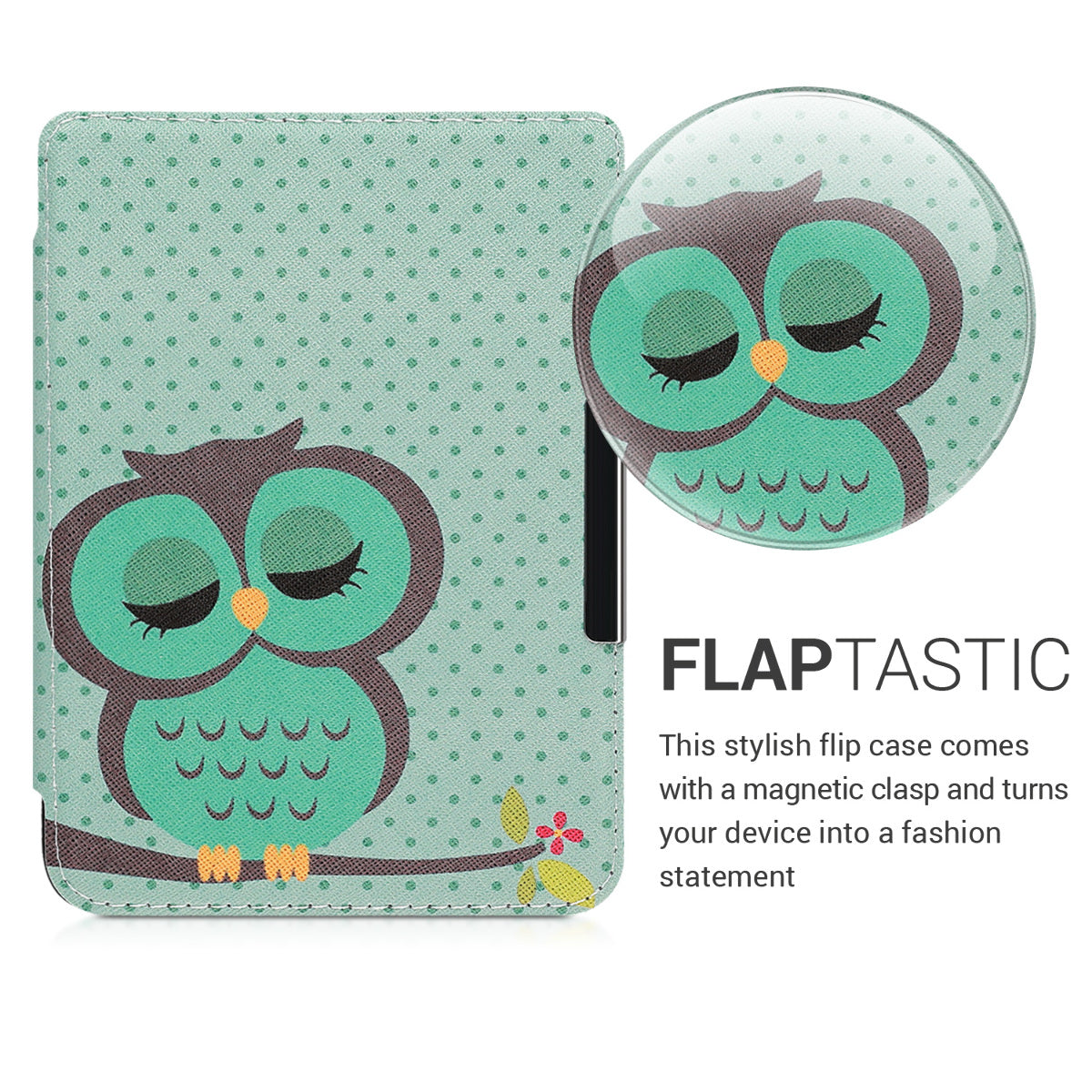 kwmobile Protective Case for Tolino Shine 3 - eReader Flip Case with Auto Sleep Function - Owl Sleep with Brown Mint Green