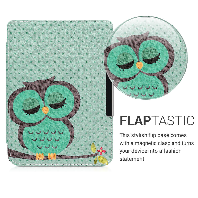 kwmobile Protective Case for Tolino Shine 3 - eReader Flip Case with Auto Sleep Function - Owl Sleep with Brown Mint Green