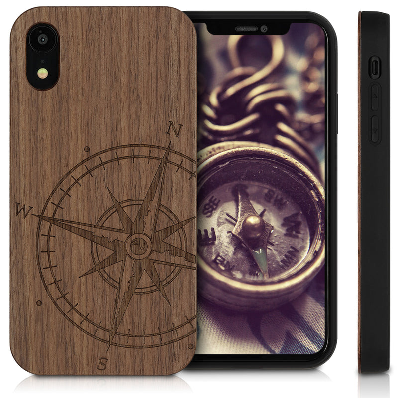 Wooden Hard Case with TPU Bumper for Apple iPhone XR Compass Vintage