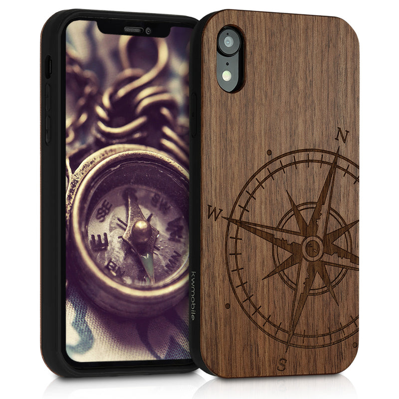 Wooden Hard Case with TPU Bumper for Apple iPhone XR Compass Vintage