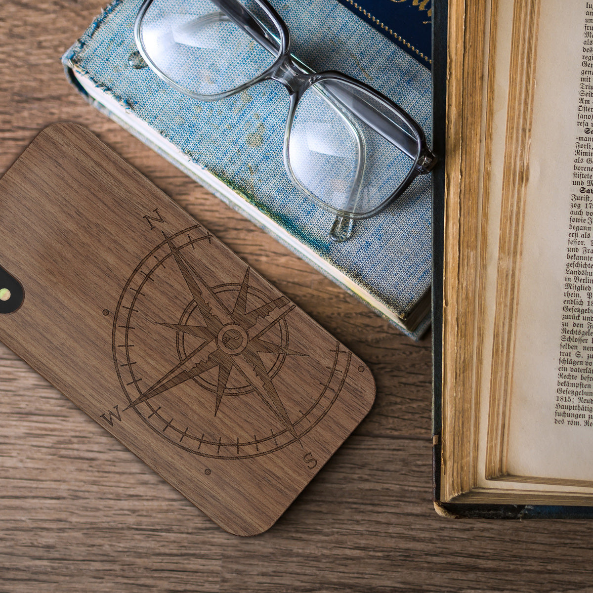 Wooden Hard Case with TPU Bumper for Apple iPhone XR Compass Vintage